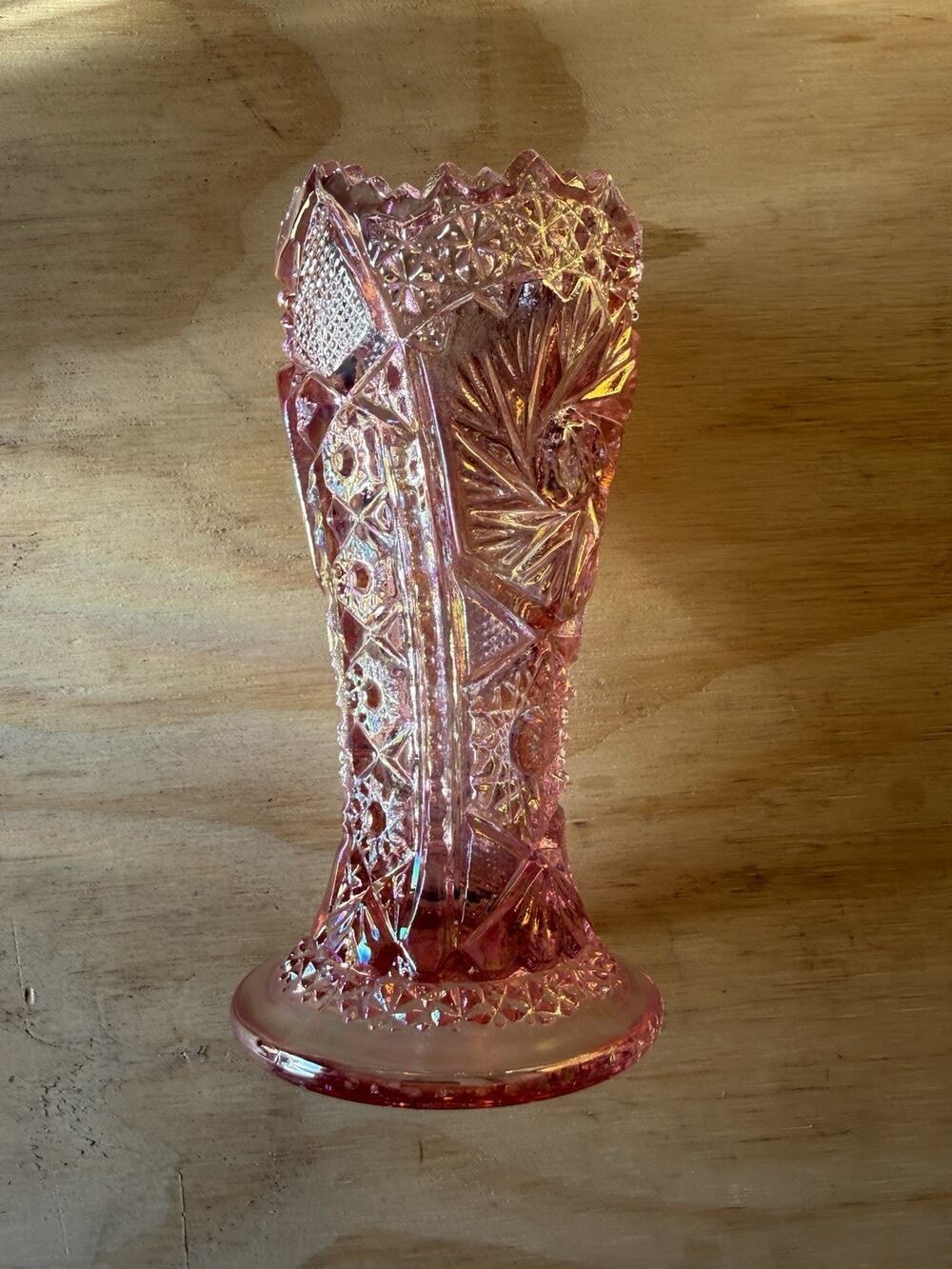 Vintage L.E. Smith Pink Iridescent 6” Carnival Glass Vase Aztec Heritage